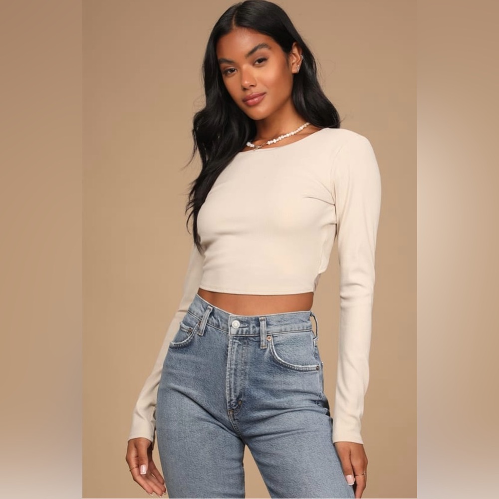 Lulu's Cream Long Sleeve Ribbed Crop Top